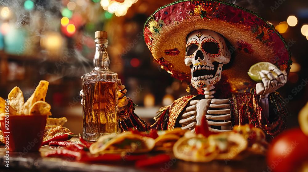 Skeleton mariachi dressed in traditional Mexican attire celebrating ... Skeleton mariachi dressed in traditional Mexican attire celebrating ...