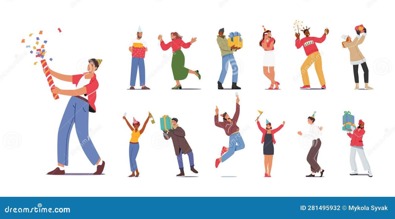 Set Of Lively Gathering Of Characters, Joyfully Celebrating, Dancing ...